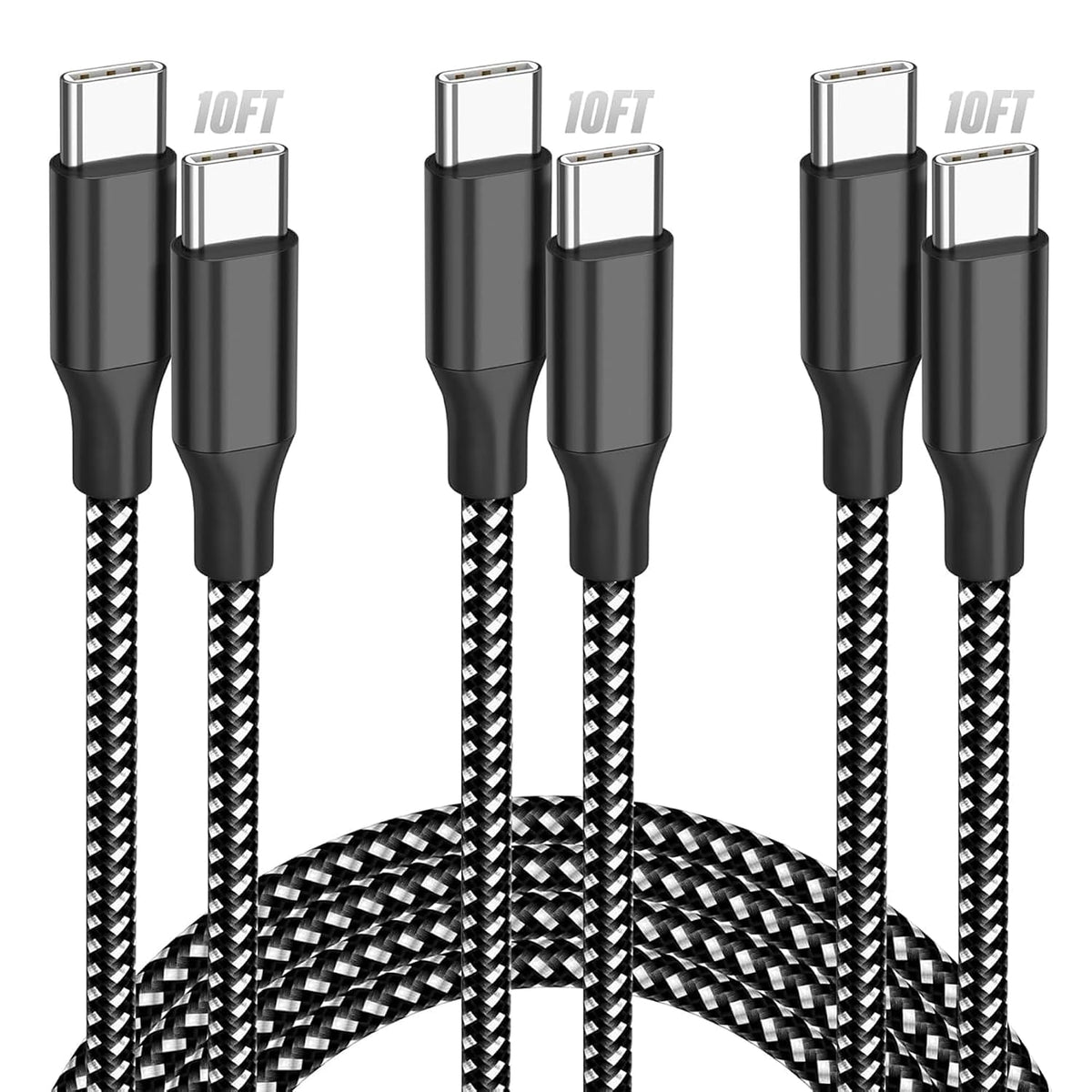 60W USB C to USB C Cable 10ft 3 Pack Fast Charging Braided Cord