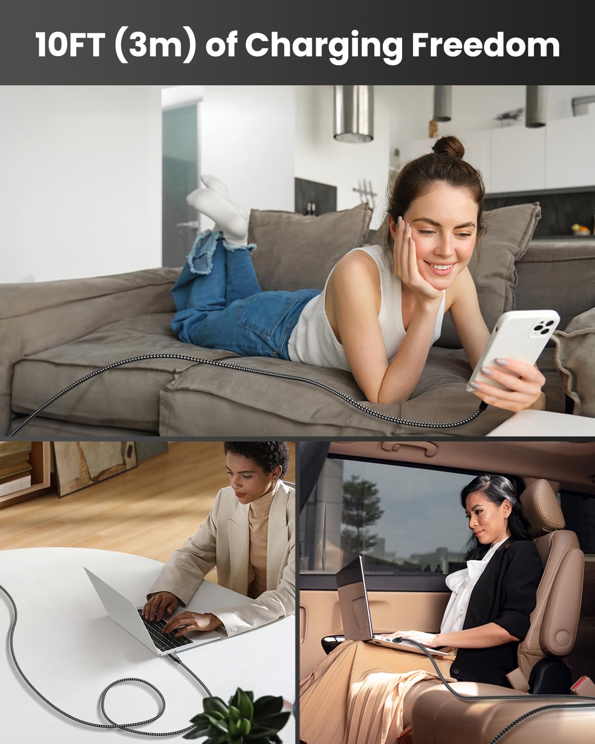 60W USB C to USB C Cable 10ft 3 Pack Fast Charging Braided Cord