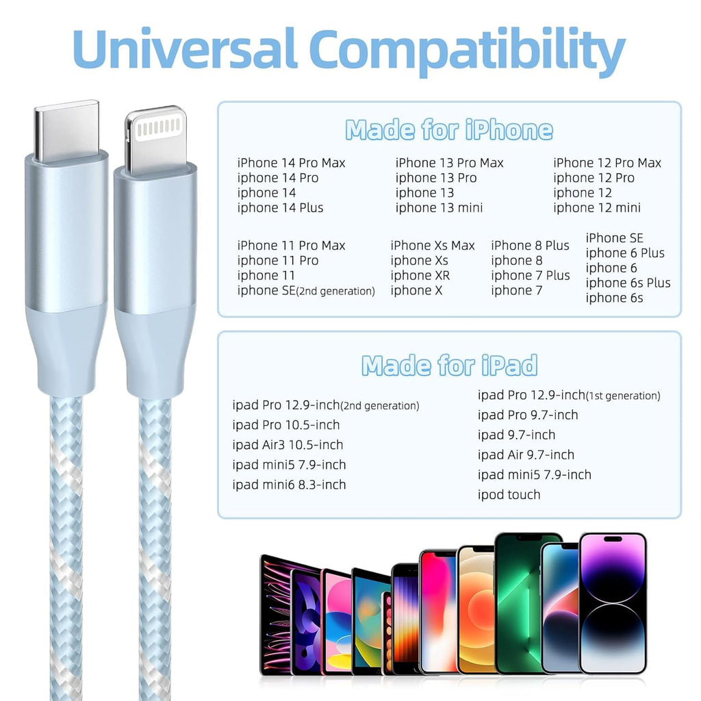 USB C to Lightning Cable 3 Pack 6FT iPhone Fast Charger MFi Certified
